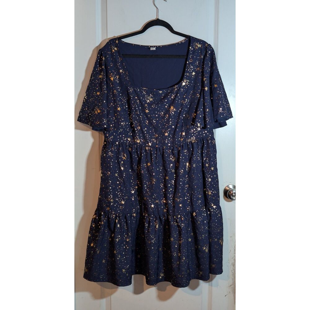Womens 3X Navy Gold Star Print Babydoll Dress Tiered Celestial Plus Size
